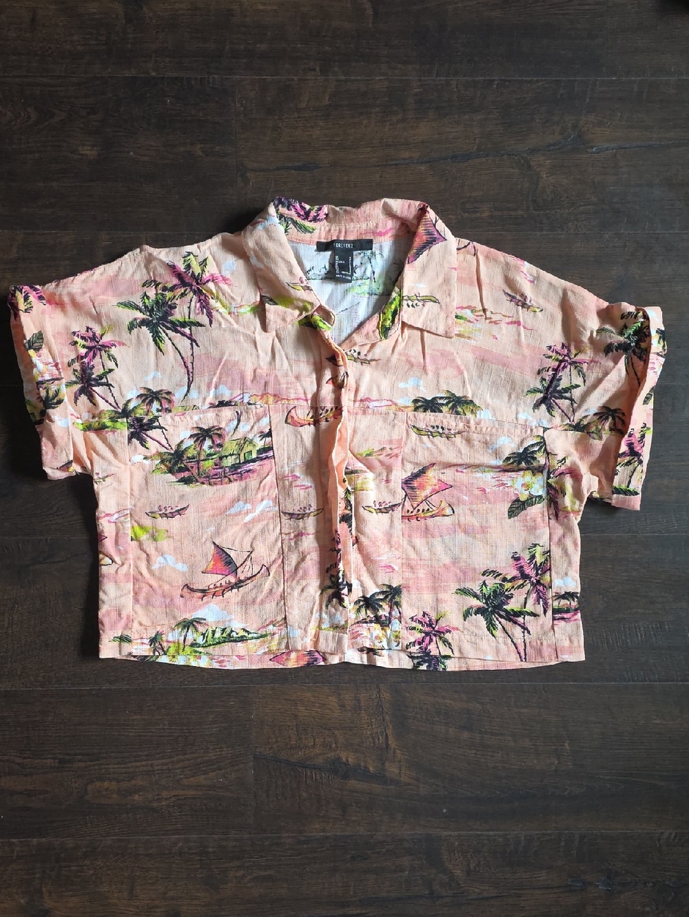 Forever 21 Tropical Peach Cropped Button-Up Shirt